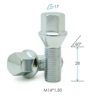 Болт M14*1.5*28 ключ 17 мм, конус (хром)