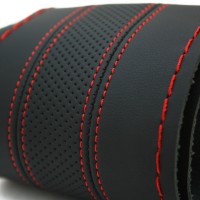 Оплетка на руль универсальная из экокожи «PERFORATION» М 37-39 см (чёрная, строчка красная)
